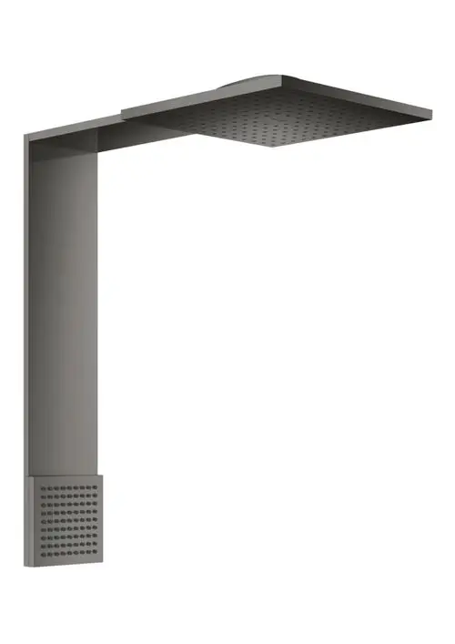 Duschmodul in Schwarz mit rechteckigem Kopfteil und seitlicher Struktur. Geeignet für eine AXOR Duschinstallation, bietet einen klaren und funktionalen Look.